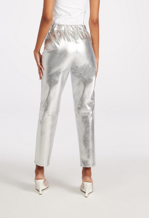 Straight Crop Leather Trousers Metallic Silver