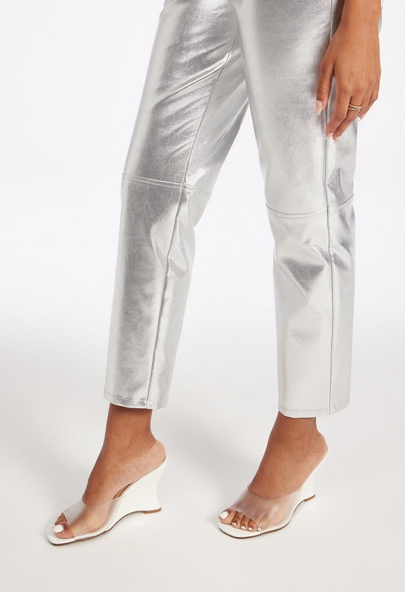Straight Crop Leather Trousers Metallic Silver