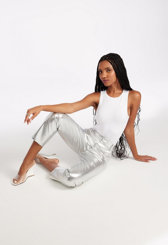 Straight Crop Leather Trousers Metallic Silver