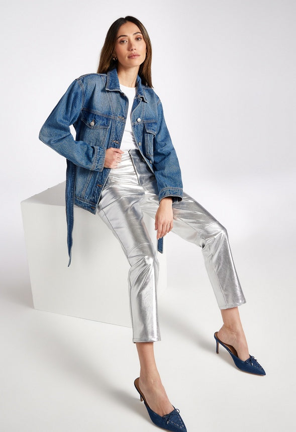 Straight Crop Leather Trousers Metallic Silver