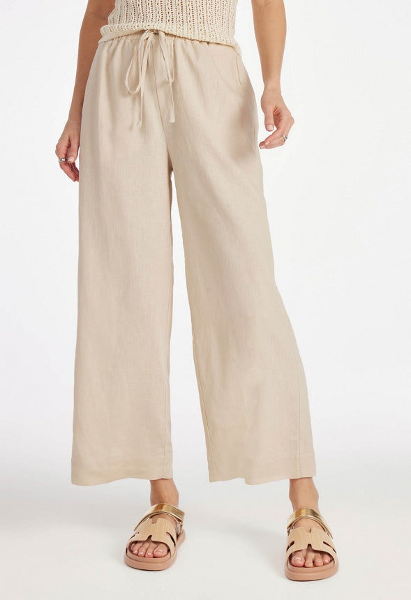 Pull On Wide Leg Cropped Pants Natural Linen
