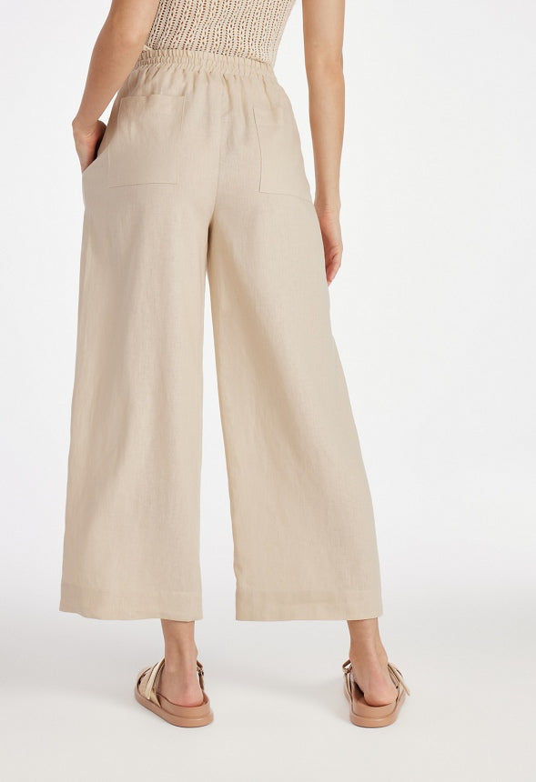 Pull On Wide Leg Cropped Pants Natural Linen