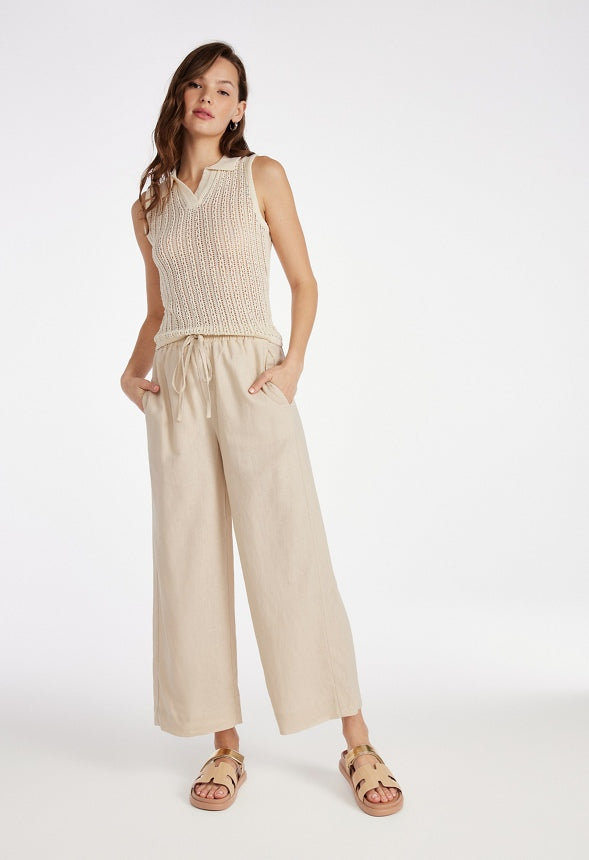 Pull On Wide Leg Cropped Pants Natural Linen