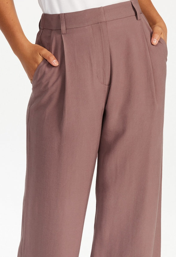 Tailored Wide Leg Pleat Front Trousers Dark Mauve