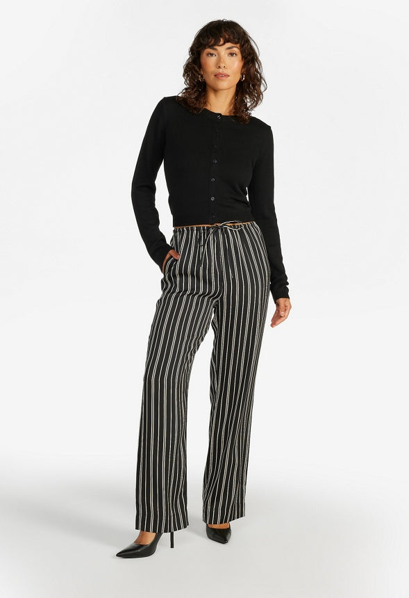 Satin Striped Wide Leg Pants Black Caviar/ Beige Stripe