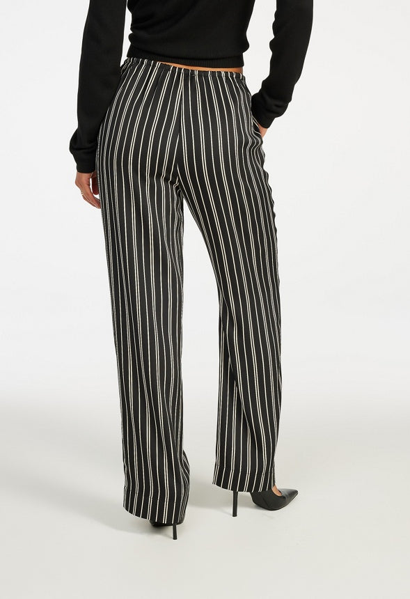 Satin Striped Wide Leg Pants Black Caviar/ Beige Stripe