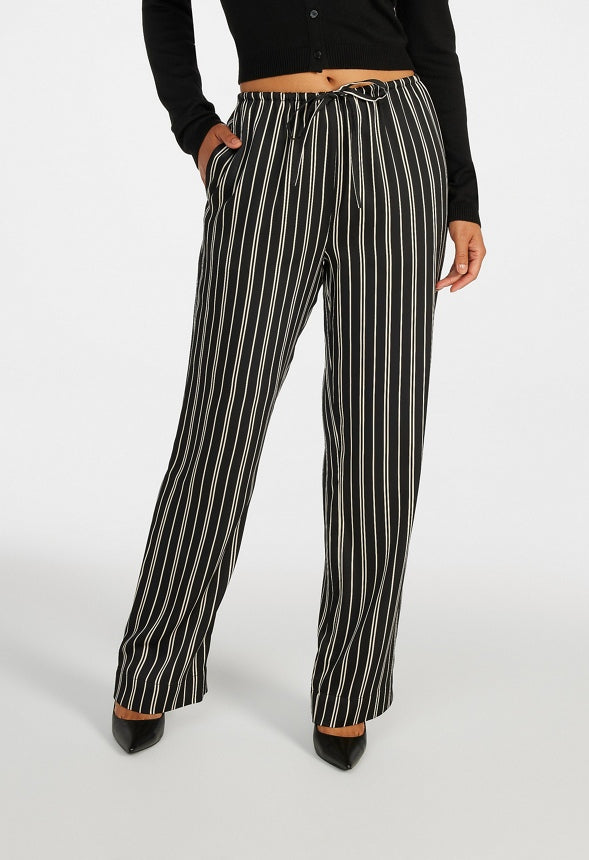 Satin Striped Wide Leg Pants Black Caviar/ Beige Stripe