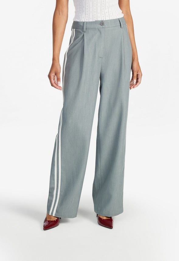 Tailored Mid Rise Racer Wide Leg Trousers Light Heather Grey/ White Stripe