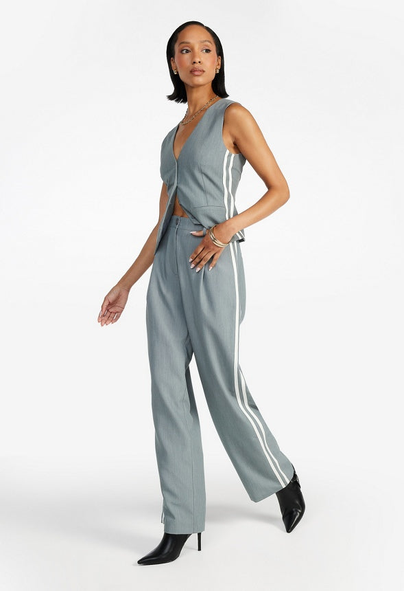 Tailored Mid Rise Racer Wide Leg Trousers Light Heather Grey/ White Stripe