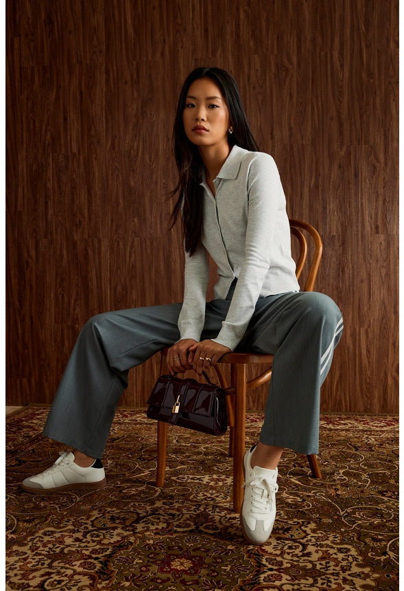 Tailored Mid Rise Racer Wide Leg Trousers Light Heather Grey/ White Stripe