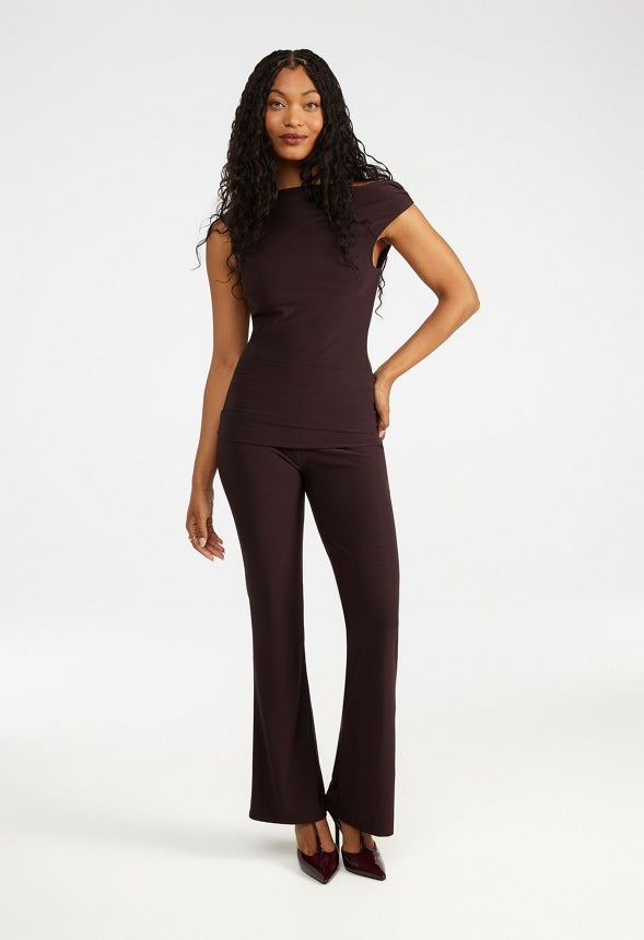 Draped Wide Leg Foldover Pants Chocolate Plum