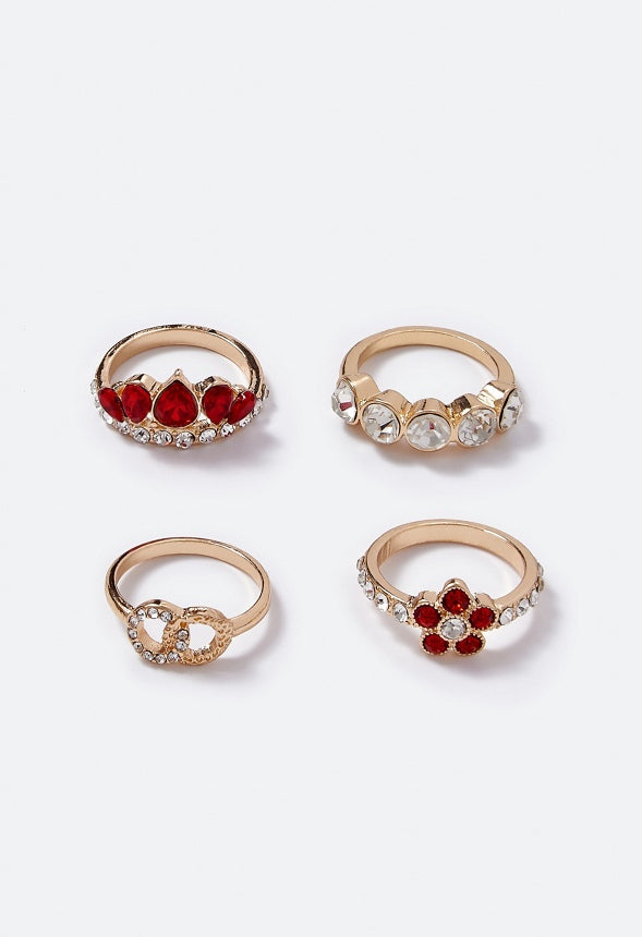 Sara Flower and Navette Mixed Ring Stack  Red/Gold