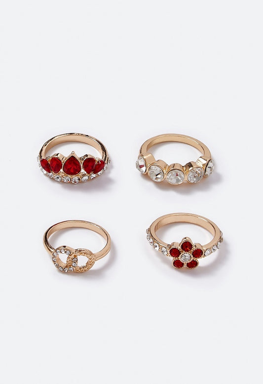 Sara Flower and Navette Mixed Ring Stack  Red/Gold