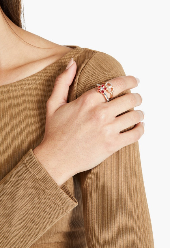 Sara Flower and Navette Mixed Ring Stack  Red/Gold
