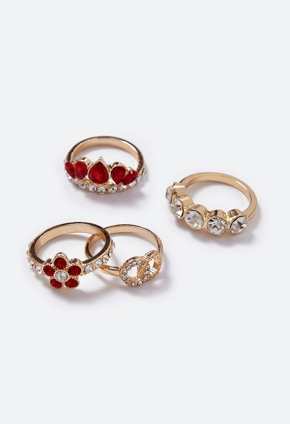 Sara Flower and Navette Mixed Ring Stack  Red/Gold