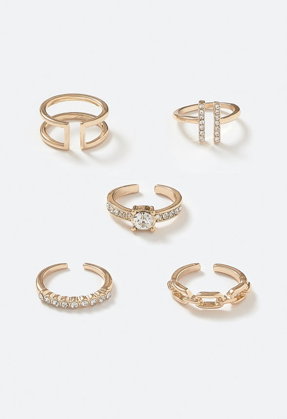 5-Piece Rae Ring Set with Glass Stone and Metal Mix Bands Crystal/ Gold