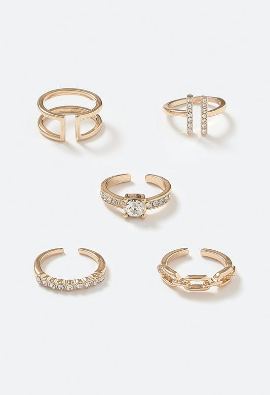5-Piece Rae Ring Set with Glass Stone and Metal Mix Bands Crystal/ Gold