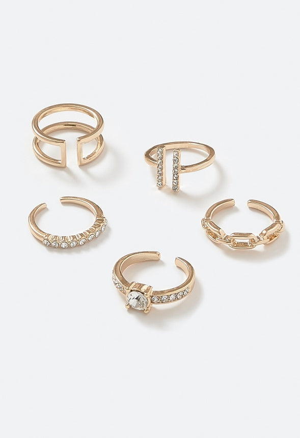 5-Piece Rae Ring Set with Glass Stone and Metal Mix Bands Crystal/ Gold