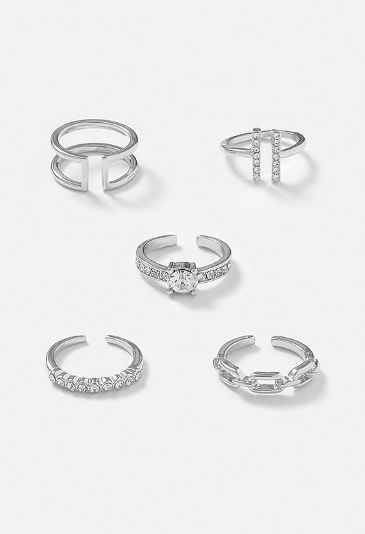 5-Piece Rae Ring Set With Glass Stone And Metal Mix Bands Crystal/ Silver
