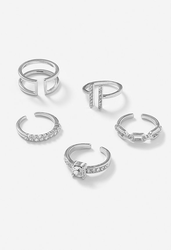 5-Piece Rae Ring Set With Glass Stone And Metal Mix Bands Crystal/ Silver