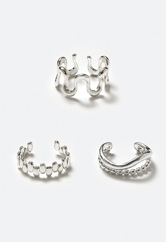 Yara 3-Molten Brass Open Back Rings Silver