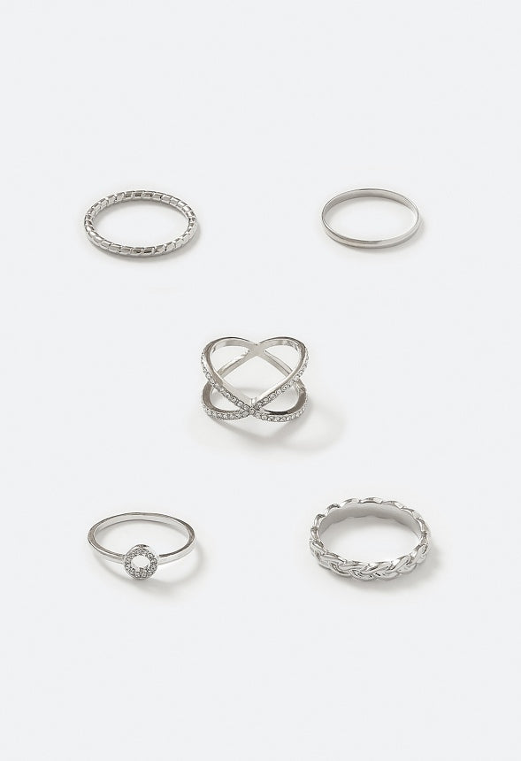 Zahra 5-Mixed Rings With Glass Stones And Crossover Detail Silver