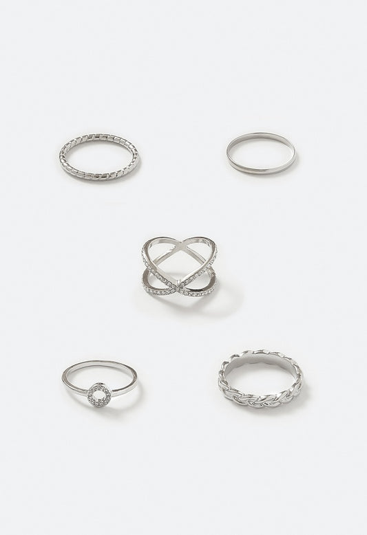 Zahra 5-Mixed Rings With Glass Stones And Crossover Detail Silver
