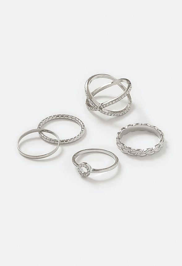 Zahra 5-Mixed Rings With Glass Stones And Crossover Detail Silver