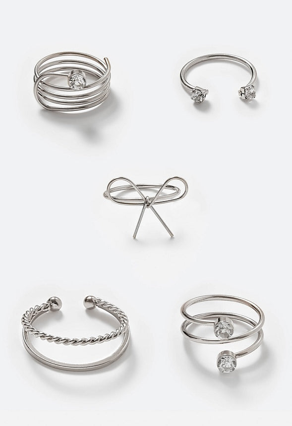Demi Bow Motif And Glass Stone Mixed Rings Pack Silver