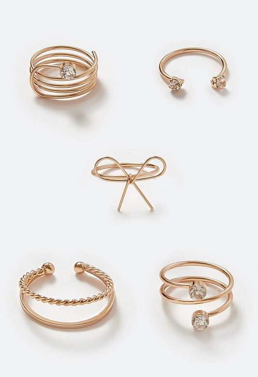 Demi Bow Motif And Glass Stone Mixed Rings Pack Crystal/ Gold