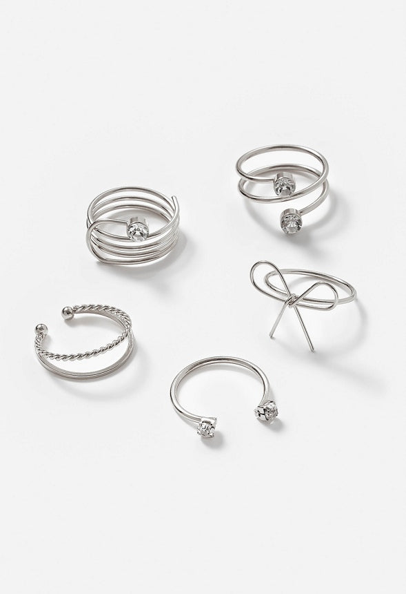 Demi Bow Motif And Glass Stone Mixed Rings Pack Crystal/ Silver