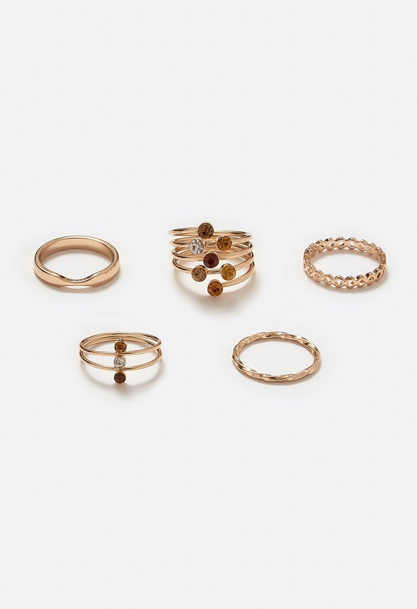 Gaia Delicate Glass Stones Wraparound Mixed Rings Pack Topaz/ Gold
