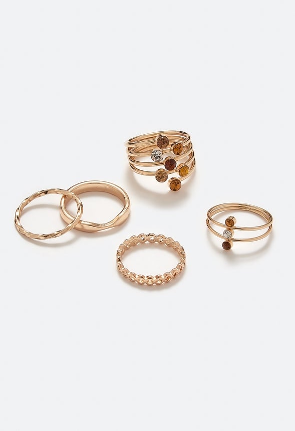Gaia Delicate Glass Stones Wraparound Mixed Rings Pack Topaz/ Gold
