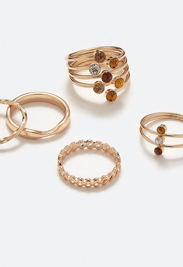 Gaia Delicate Glass Stones Wraparound Mixed Rings Pack Topaz/ Gold