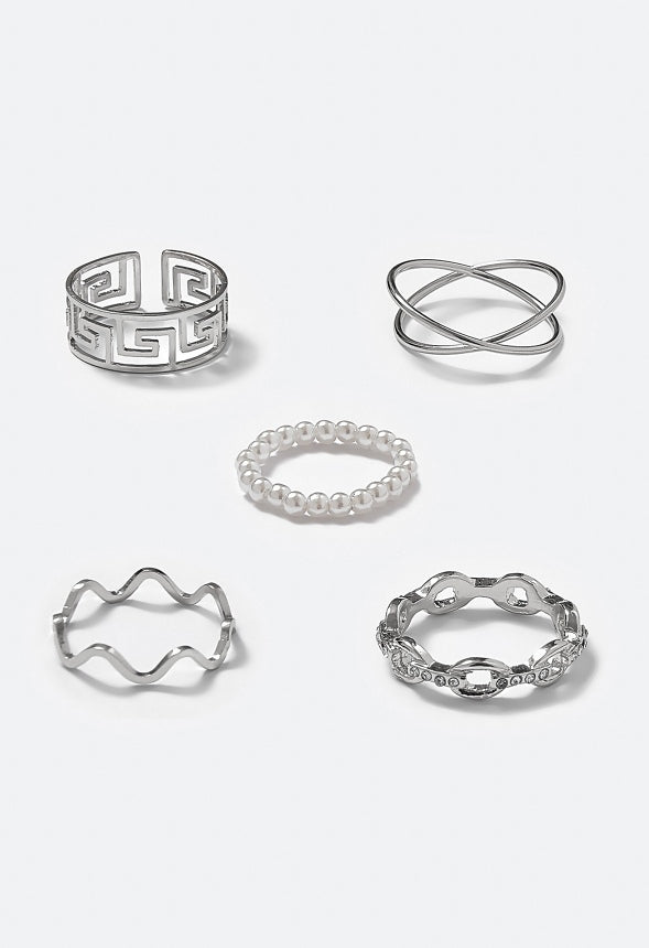 Rene Glass Pearls And Mix Motif Rings Pack Silver