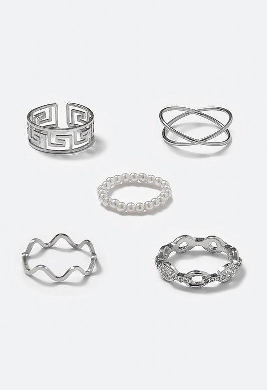 Rene Glass Pearls And Mix Motif Rings Pack Silver