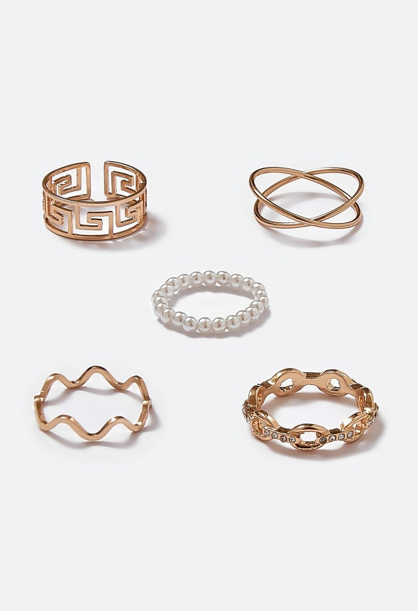 Rene Glass Pearls And Mix Motif Rings Pack Gold