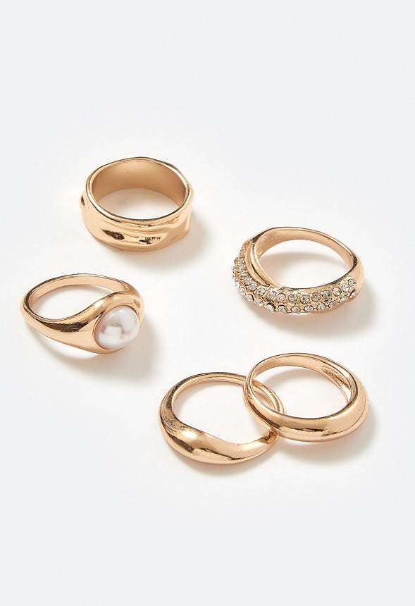 Fern Organic Metal Rings Pack With Pearl Detail Cream/ Gold