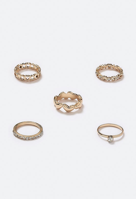 Fray Mix Heart Rings Pack With Glass Stones Detail Crytsal/ Gold