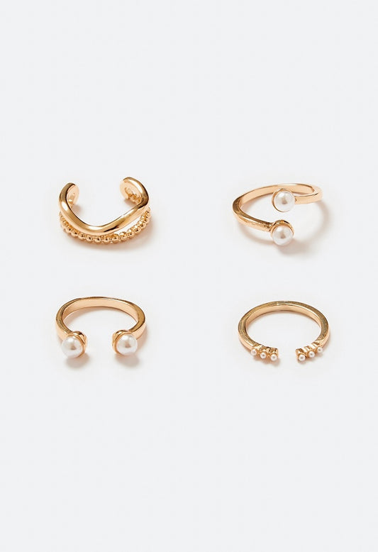 Dana Adjustable Mix Pearl And Metal Rings Pack Cream/ Gold