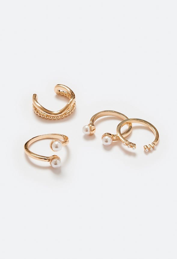 Dana Adjustable Mix Pearl And Metal Rings Pack Cream/ Gold