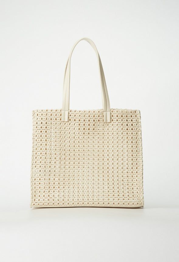 Woven Satchel With Flat Handles Birch White