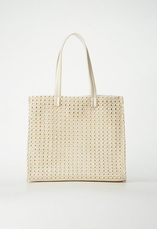 Woven Satchel With Flat Handles Birch White