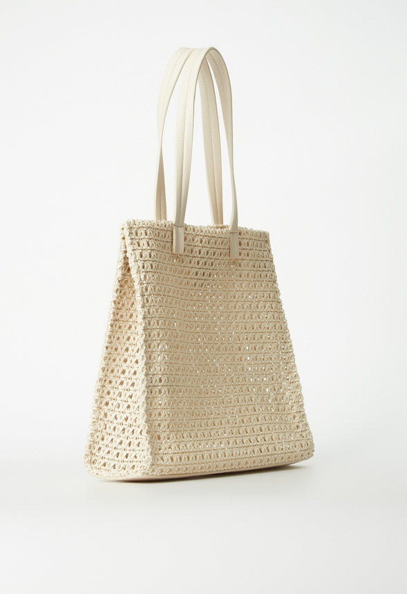 Woven Satchel With Flat Handles Birch White