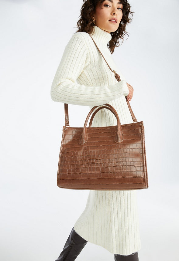 Satchel With Binding Leather Brown Croc