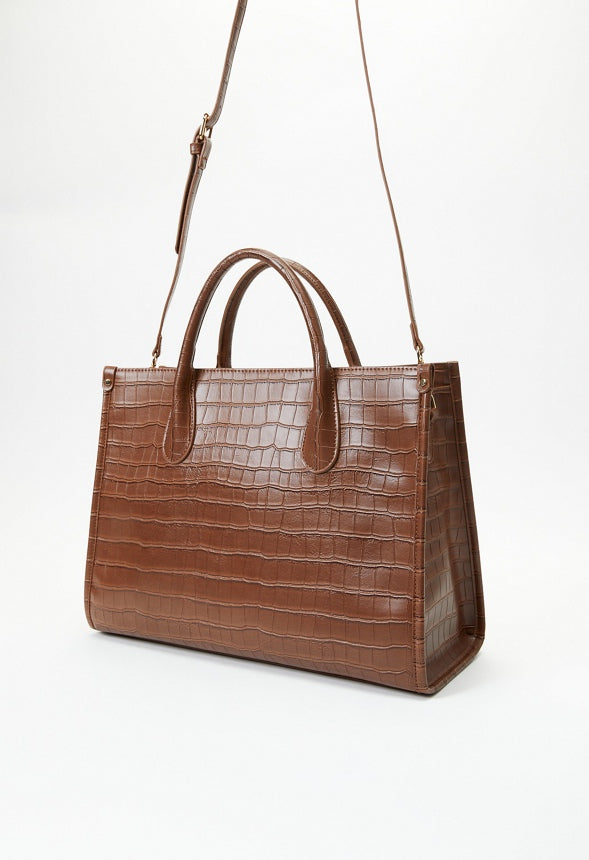 Satchel With Binding Leather Brown Croc