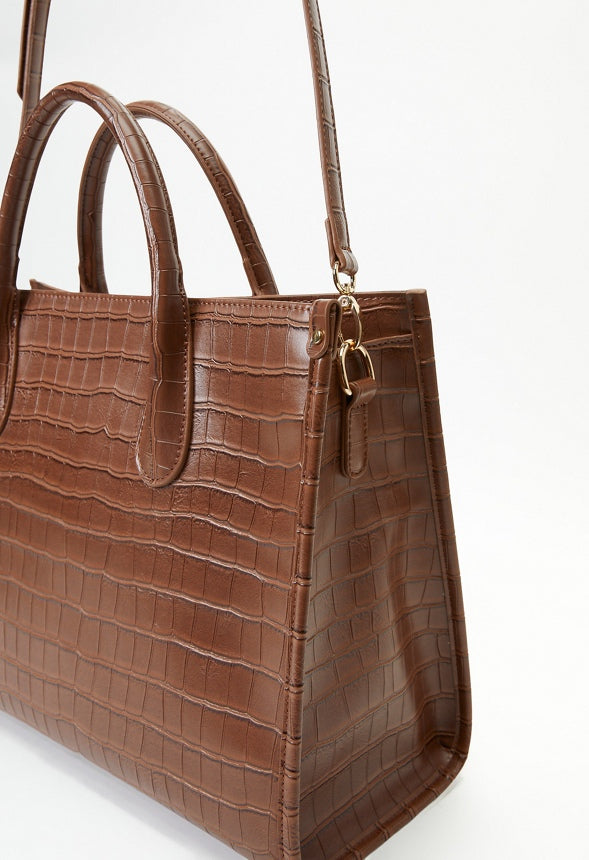 Satchel With Binding Leather Brown Croc