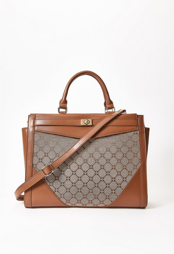 Turn Lock Top Handle Satchel Brown Logo