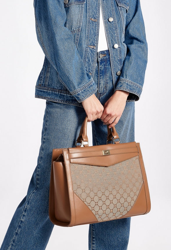 Turn Lock Top Handle Satchel Brown Logo