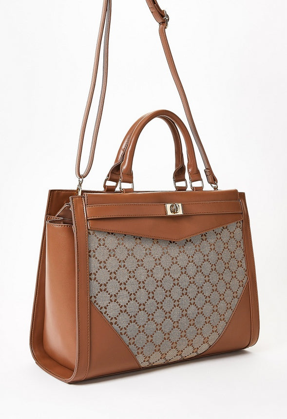Turn Lock Top Handle Satchel Brown Logo